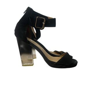Jeffrey Campbell Black Suede Strappy Heels with Clear Lucite Block Heel